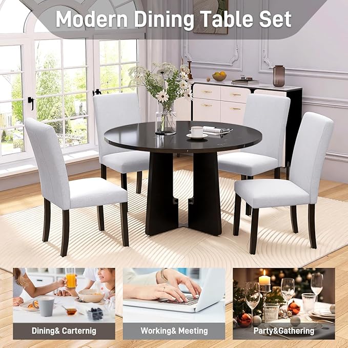 Merax 5-Piece Round Dining Table Set, Modern 4 Upholstered Chairs for Living,Kitchen Room, 43 Inch, Beige+Black