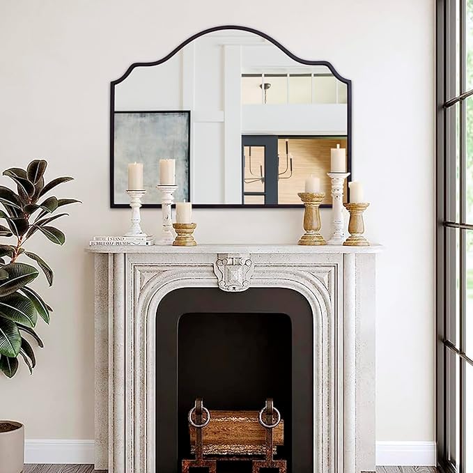 Chende Black Wall Mirror, Antique Arched Mirror for Fireplace Decor with Wooden Frame, 40'' x 28'' Elegant Scalloped Mirror for Living Room, Dining Room, Entryway