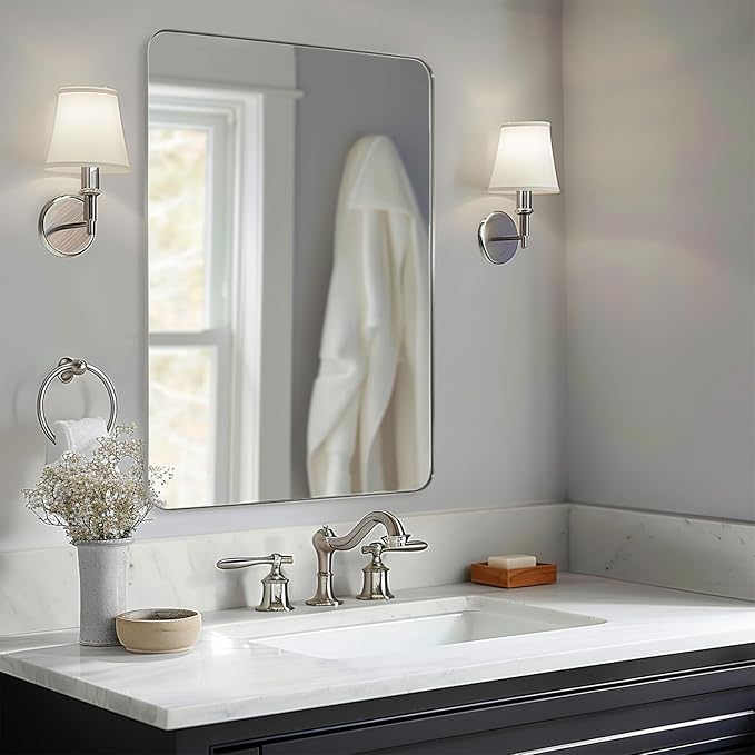 ANDY STAR Wall Mirror Brushed Nickel for Bathroom, 30x36 Rounded Rectangle Mirror with Stainless Steel Silver Metal Frame, Modern Bathroom Vanity Mirror
