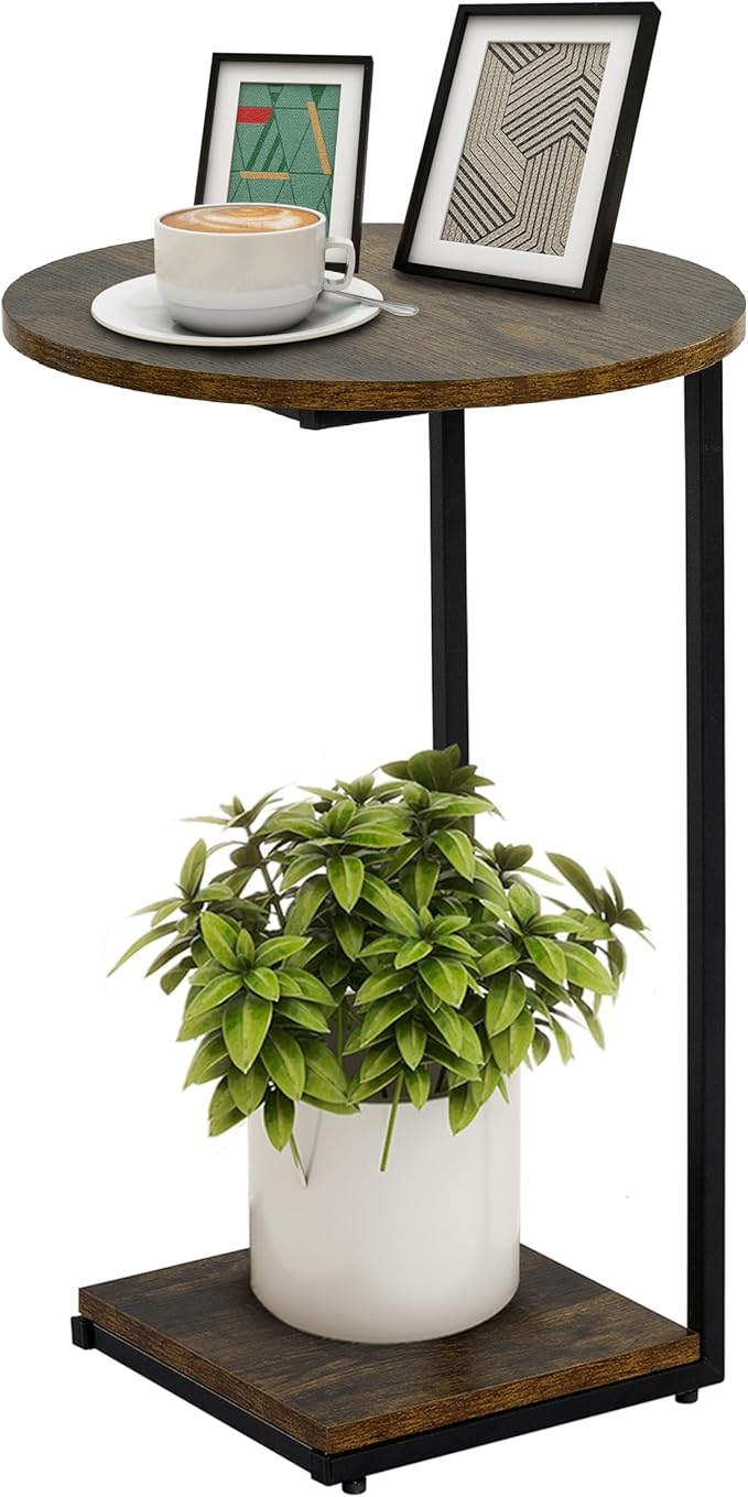 HDANI C Table End Table,Round Side Table That Slide Under,C Shaped End Table for Couch,Small Table for Living Room, Bedroom,Rustic Brown