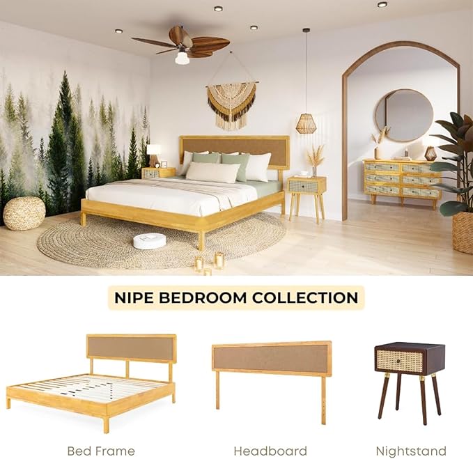 Bme Nipe Queen 14 Inch Bohemian Bed Frame with Adjustable Woven Headboard - Rustic & Vintage Unique Style with Acacia Wood - No Box Spring Needed - Easy Assembly - Natural