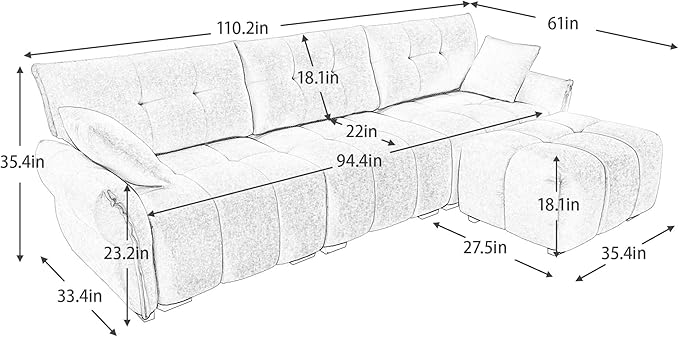 Modern Chenille Fabric 3-Seat Sofa w/Ottoman+2 Pillows, Premium Upholstery Living Room Couch with Tufted Backrest & Comfortable Armrests and High-Resilience Memory Foam Cushions,Orange