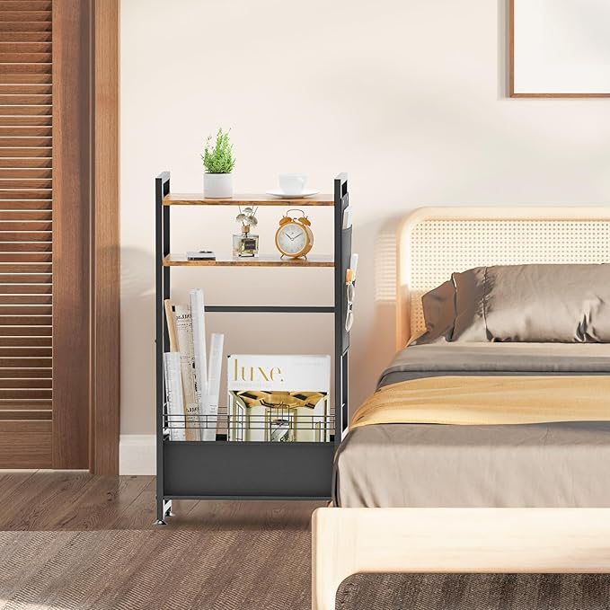 Narrow Side Tables with Drawer for Small Spaces, Small End Table Slim Nightstand with Wheels, Space Saving Skinny Thin Bedside Sofa Coffee Desk with Storage Bag for Bedroom Living Room Couch