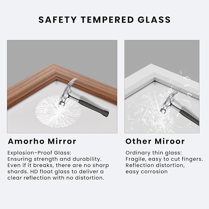 Amorho 30 X36 Inch Bathroom Mirror for Wall, Walnut Wood Grain Metal Framed Mirror, Anti-Rust, Hang Horizontally/Vertically, Suitable for Bedroom, Farmhouse, Bathroom, Decorative