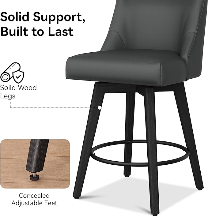 Counter Height Bar Stools Set of 2, Modern Swivel Barstools with Back and Wood Legs, Faux Leather Upholstered Counter Height Stools, 26" H Kitchen Island Stools,Home Bar, Black Grey