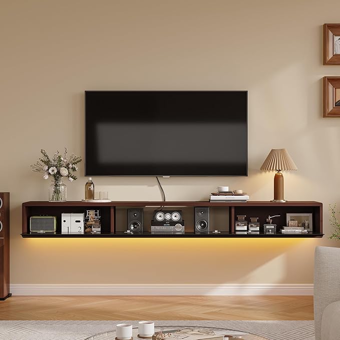 Floating TV Stand Matte Finish, 86'' Wall-Mounted TV Cabinet,Floating TV Console,Under TV Shelf with 3 Doors for Living Room Bedroom(Walnut+Black)