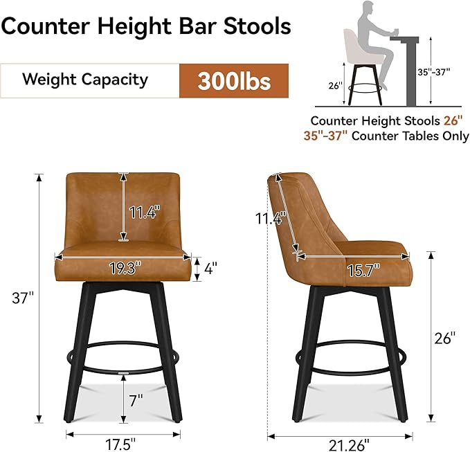 Counter Height Bar Stools Set of 3, Modern Swivel Barstools with Back and Wood Legs, Faux Leather Upholstered Bar Chairs, 26" H Kitchen Counter Stools, Kitchen Island Home Bar, Whisky Brown