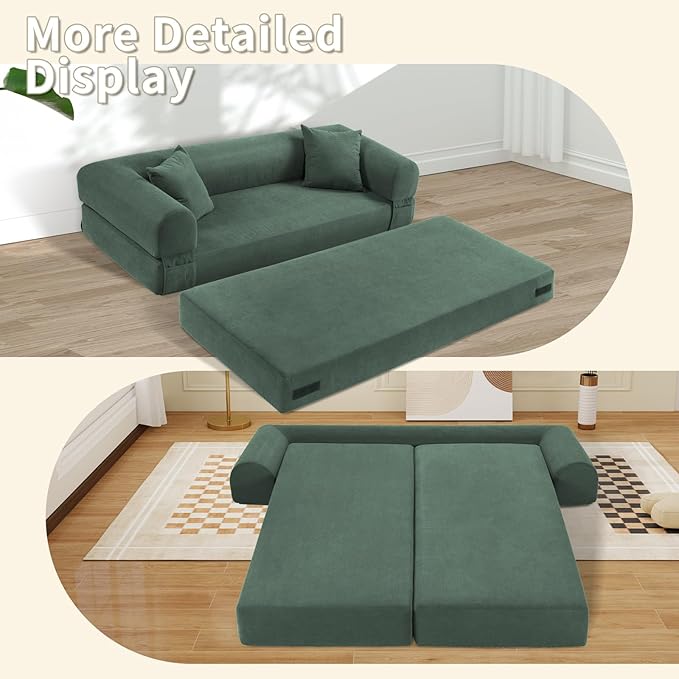 80" Convertible Sofa Bed, 3-in-1 Corduroy Folding Pull Out Couch with Pillows, No Assembly Modern Boneless Couch Compression Sofa in Box, Floor Sofa with Side Storage for Living Room,Light Green