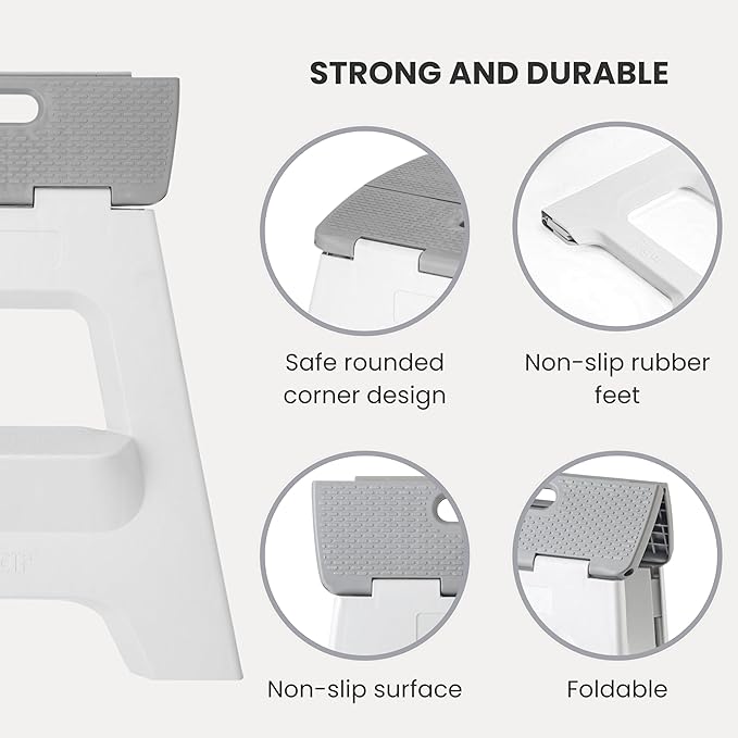 Vigar Compact Step Stool Foldable, 16-inch Two-Step Stools for Adults up to 330 Pound, Lightweight Stool, Non-Slip Folding Step Stool, Gray