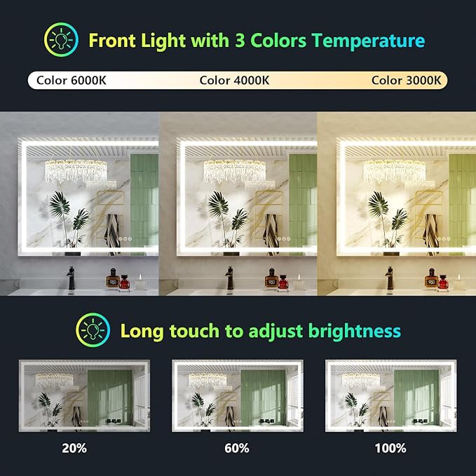 72x40 Inch RGB LED Bathroom Mirror Front Light and RGB Backlit Lighted Vanity Mirror for Bathroom Wall Mounted Dimmable Anti Fog Memory Shatter-Proof IP54 Waterproof Horizontal/Vertical