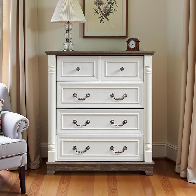 31.5" Farmhouse Sideboard Buffet Cabinet with Storage, Kitchen Buffet Storage Cabinet with 5 Drawers, Modern Wood Accent Sideboard for Living Room, Kitchen, Hallway(Antique White)