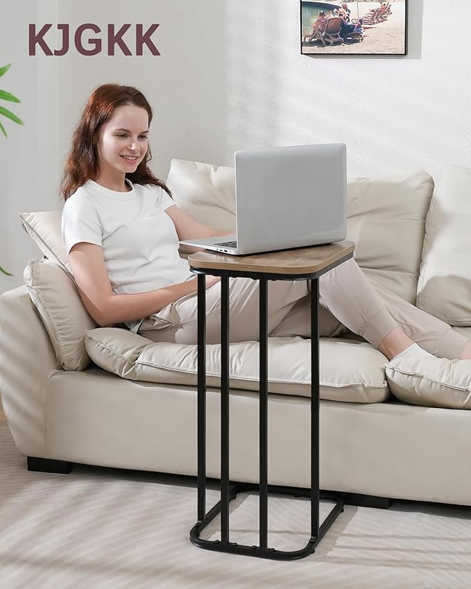C Shaped End Table, 27 Inches High Small Side Table for Sofa and Bed, Couch Table That Slides Under, Tall Tv Tray Table for Living Room, Bedroom, Metal Frame, Greige & Black