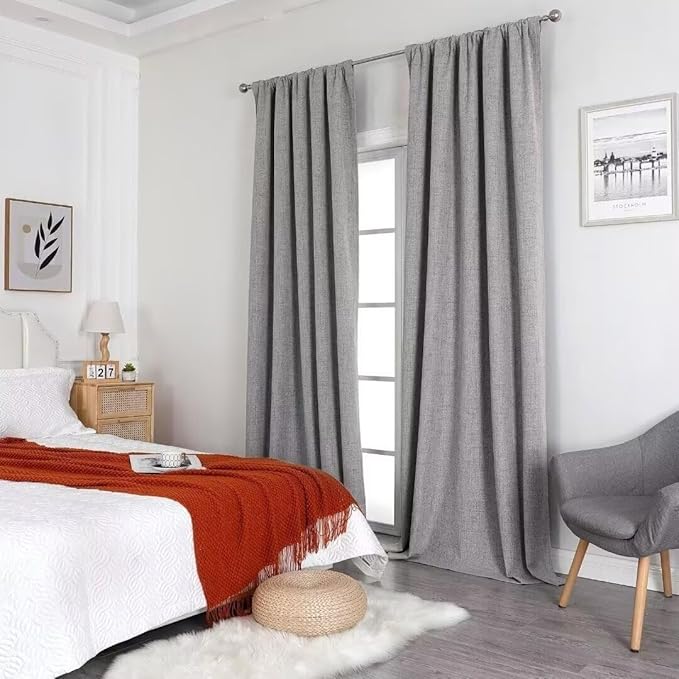 Joydeco Natural Linen Curtains 90 inch Length 2 Panels Set Burg 100% Blackout Patio Door Curtain Room Darkening Sliding Door Curtains Thermal Insulated Back tab Rod Pocket(105x90 inch, Light Grey)