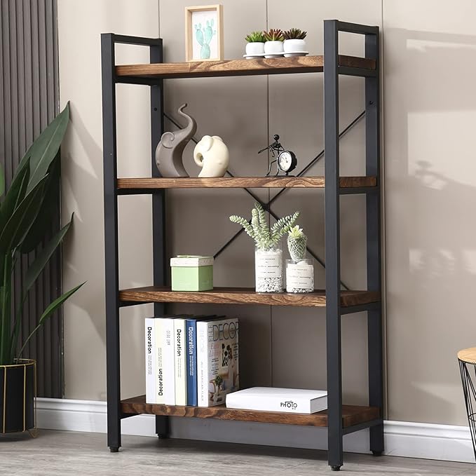 Solid Wood Bookshelf, 4-Tier Rustic Vintage Industrial Etagere Bookcase, Open Metal & Wood Vintage Book Shelf, Retro Brown