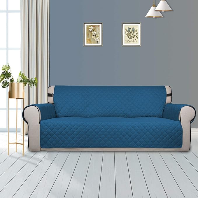PureFit Reversible Sofa Couch Cover Water Resistant Couch Covers for 3 Cushion, Washable Furniture Cover with Non-Slip Foam and Adjustable Strap for Dogs, Pets (Oversized Sofa, Peacock Blue/Ivory)