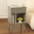 Mid Century Modern Nightstand, Wood Bedside Table with Drawer and Opening Storage, End Table Living Room Fluted Night Stand with Solid Wood Legs for Bedroom (Grey)