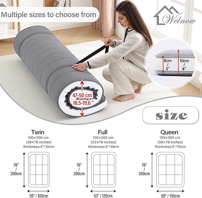 Welnow Japanese Futon Floor Mattress, Full Size Thick Tatami Mat Portable & Foldable Roll Up Floor Bed Mattress with Storage Bag, Sleeping Pad for Adults, Dorm, Guest Bed, Camping and Travel, Grey