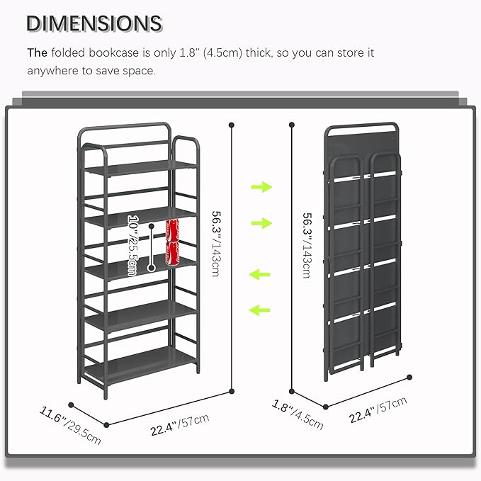 4NM No Assembly Folding Bookshelf 5 Tiers Vintage Industrial Black Book Shelf Metal Foldable Storage Bookcase and Bookshelves for Living Room,Bedroom and Kitchen - Black