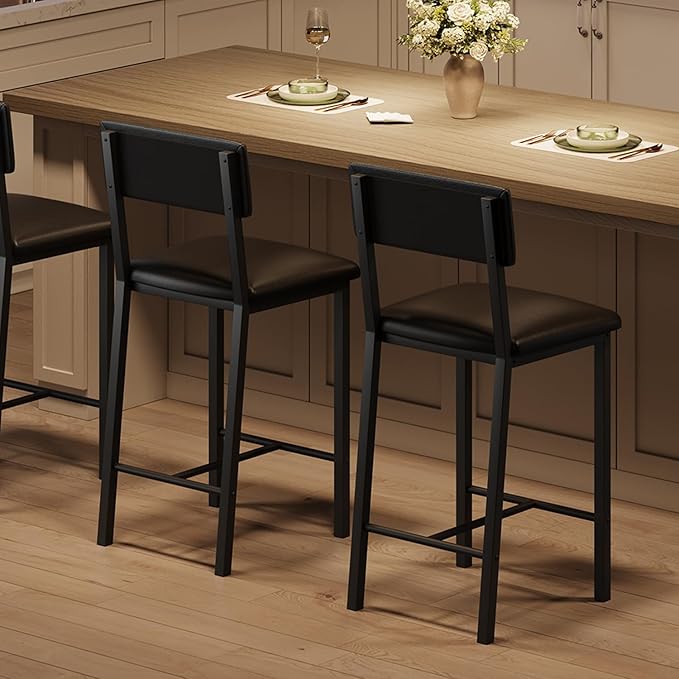 Garvee Bar Stools Set of 2, Kitchen Barstools with Thick Cushion, 25 Inch Counter Height Bar Stools with Backrest and Footrest, for Dining Room, Kitchen Island Counter Chairs, Retro Black