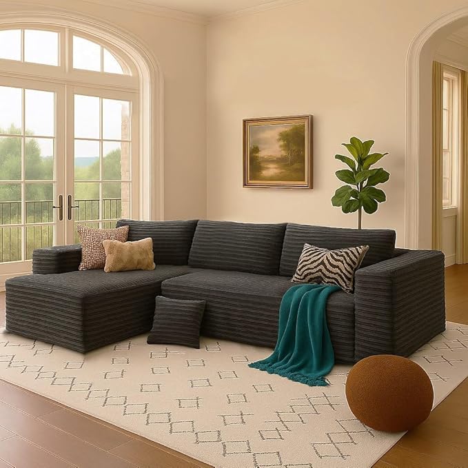 COMHOMA 105”Modular Sectional Sofa with Deep Seat,Cloud Upholstered L-Shape Couch Wide Arms Corduroy Fabric High-Density Foam Chaise Lounge for Living Room No Assembly Required