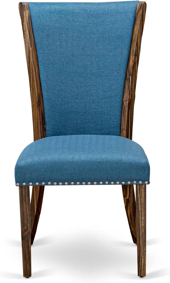East West Furniture V727VE721-7 7 Piece Dining Room Table Set Consist of a Rectangle Kitchen Table with V-Legs and 6 Blue Color Linen Fabric Parson Dining Chairs, 40x72 Inch, Multi-Color