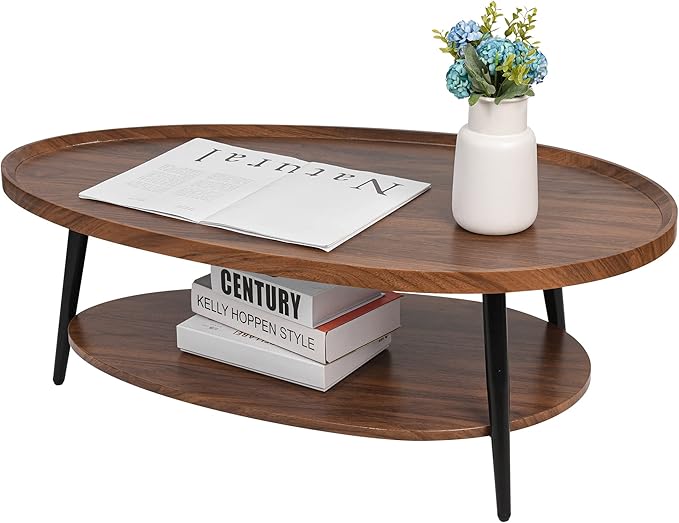 2-Tier Water-Shaped Wood Center Table Mid Century Oval Coffee Table Rustic Farmhouse for Living Room, Bedroom, 40", Brown