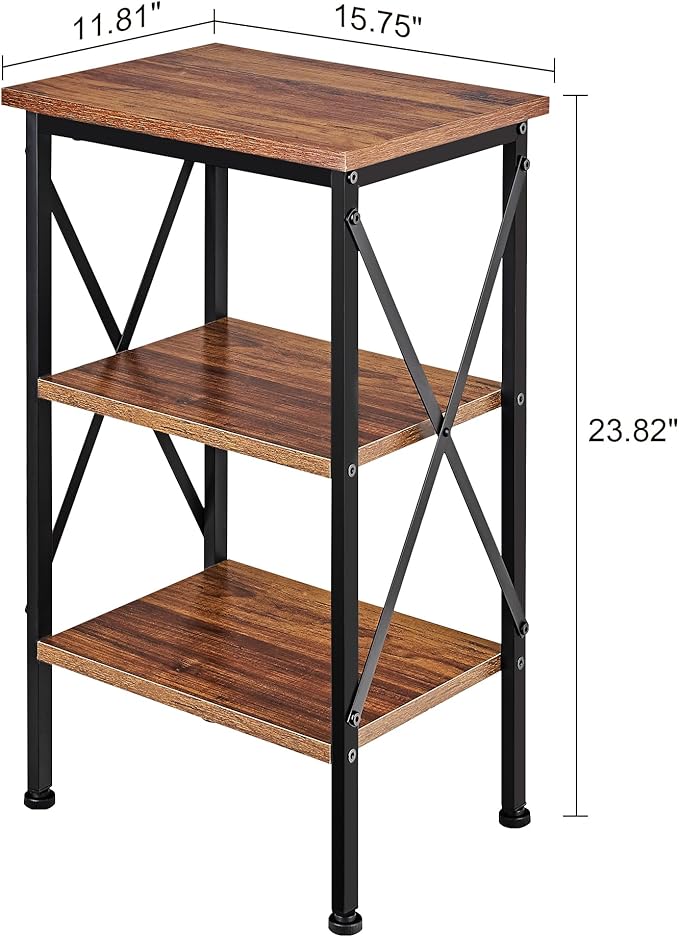 VECELO End Table Set of 2, Bedside Table, 24" Tall Living Room End Tables, X-Design Reinforced Nightstands, Side Table with 3-Tier Storage Shelves for Small Spaces, Office, Bedroom, Rustic Brown