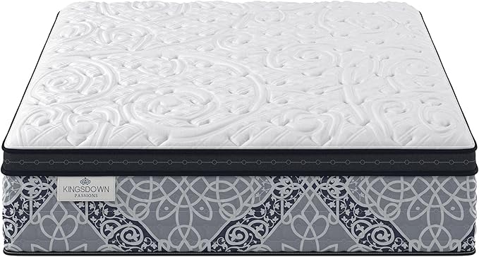 Kingsdown Cushion Firm Euro Pillow Top Hybrid King Mattress Cooling Gel Memory Foam Layer Multi-Layered Motion Isolation Cool Sleep Quilted Top Luxury Mattresses, 15-inch, Passions Engleson