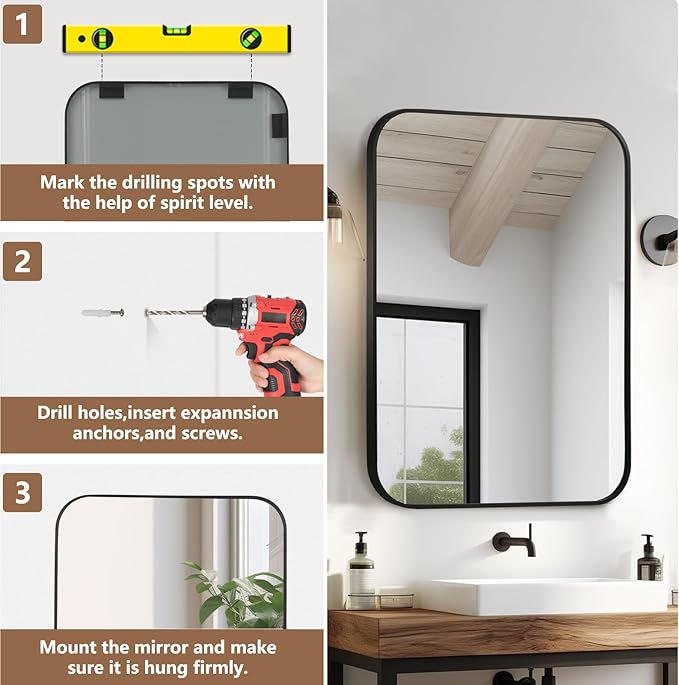 Matte Black Mirror, 24"x32" Rectangle Bathroom Mirror, Metal Frame Rectangle Corner Vanity Mirror, Wall Mounted Mirror for Modern, Living Room, Bedroom, Horizontal Or Vertical
