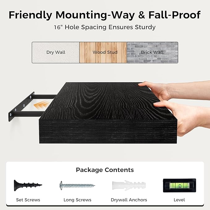 12 Inch Deep Black Floating Shelves, 24 x 12 Floating Shelf for Books, Rustic Wood Deep Wall Shelves for Home Storage & Display, 2" Thicked Shelves for Kitchen, Living Room, Bedroom, 2 Pack