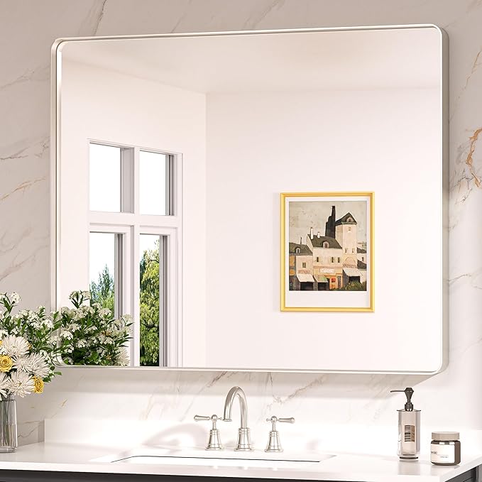 Keonjinn 42 x 36 Brushed Nickel Bathroom Vanity Mirror, Large Rounded Rectangle Bathroom Mirrors for over Sink, Metal Framed Silver Mirror for Wall, Shatterproof HD Tempered Glass(Horizontal/Vertical)