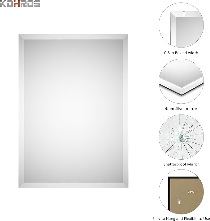 KOHROS Rectangular Wall Mirror Frameless Bathroom Mirror 18” x 24" Beveled Edge Mirror for Vanity and Entryway Hang Horizontally or Vertical
