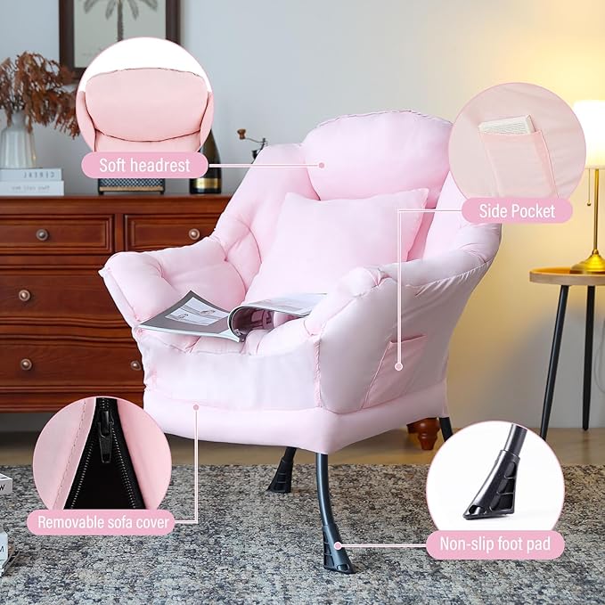 Lazy Chair with Pillow for Living Room, Modern Lounge Accent Chair with Armrests and a Throw Pillow, Leisure Sofa Chair Set, Reading Chair for Bedroom, Dorm Room, Office, Pink