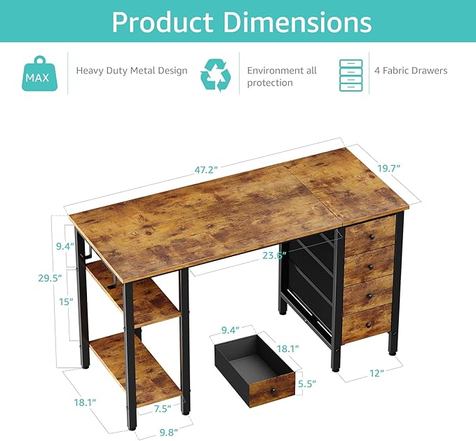 Lufeiya 47 inch Desk with 4 Drawers & Storage Shelves, Writing Work Study Computer Desk for Home Office Bedroom, Modern Simple Student PC Desks Table, Rustic Brown