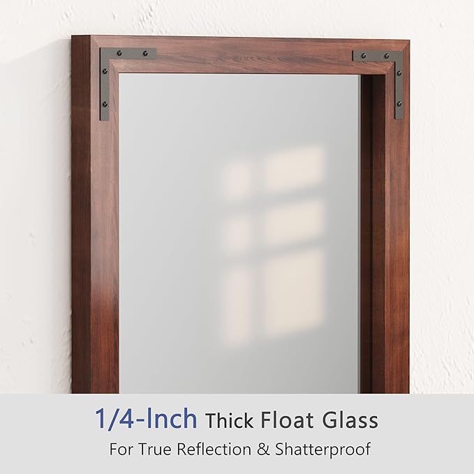 VocalStar Rustic Wood Framed Mirror 48 x 32 Inch, Natural Dark Brown Wooden Rectangle Bathroom Vanity Wall Mirror for Farmhouse Boho Decor, 1/4-inch Shatterproof Glass | Waterproof