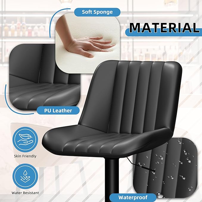 Shintenchi Swivel Bar Stools Set of 2, Adjustable Faux Leather Upholstered Swivel Counter Stools, Armless Bar Height Island Chairs with Back and Footrest, Black