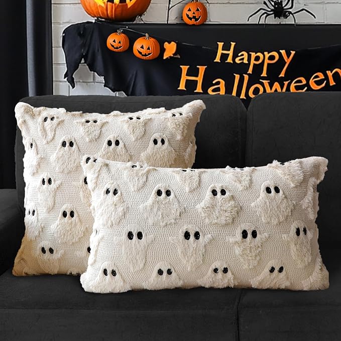 4TH Emotion Halloween Ghost Decorative Pillow Covers 16x16 Set of 2, Beige Soft Plush Faux Fur Farmhouse Throw Cushion Cases for Fall Autumn Holiday Home Decorations