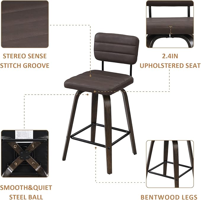 Counter Height Bar Stools Set of 2 Wood Swivel Bar Stools for Kitchen Island Modern Square Barstools with Leather Back Cushion Industrial Vintage Bar Chair Rustic Furniture for Home Pub 24 Inch Brown