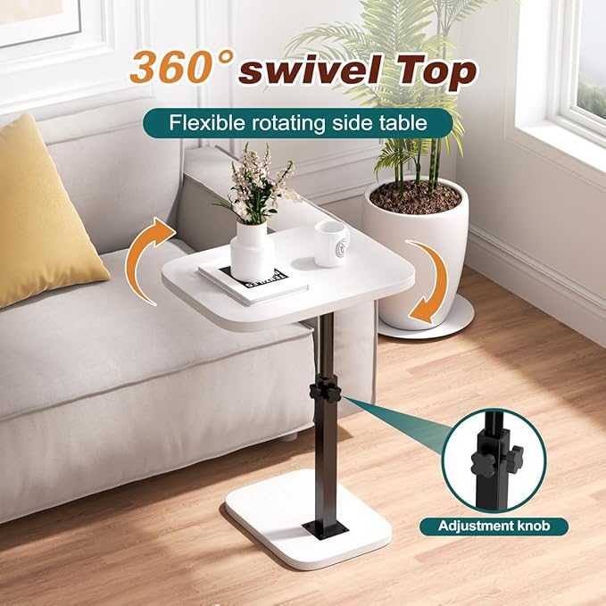 Adjustable Side Table TV Tray, C Shaped End Table, Small Bedside Table, Mid Century Modern Accent Nightstand for Living Room, Bedroom, Corners and Office (White)