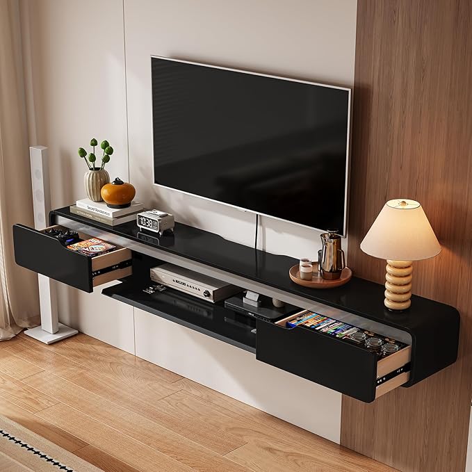 Fully-Assembled Floating TV Stand with Drawers, 70IN High Gloss Wall Mounted Entertainment Center, Modern Media Console with Storage, Under TV Shelf for Bedroom Living Room Black