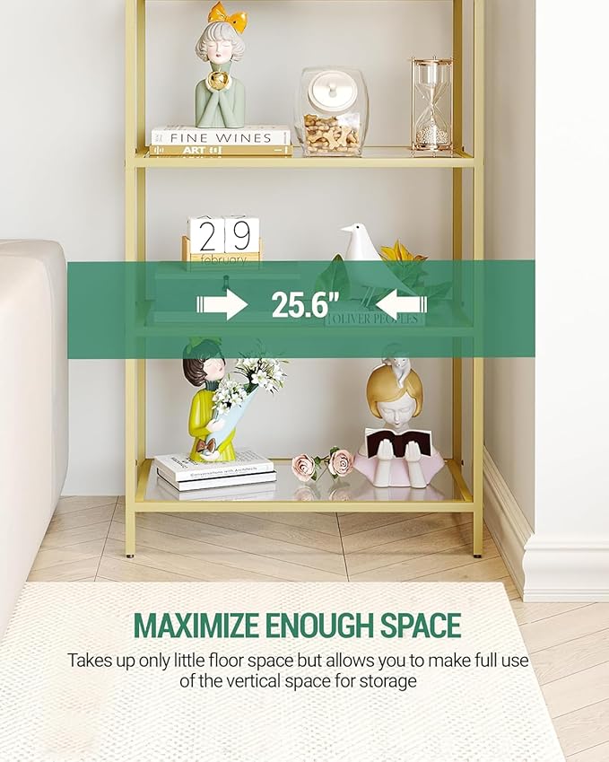 Bookcase Bookshelf, Tempered Glass Bookshelves, Slim Shelving Unit for Bedroom, Bathroom, Home Office, Steel Frame, 4 Tier Gold BC21499G