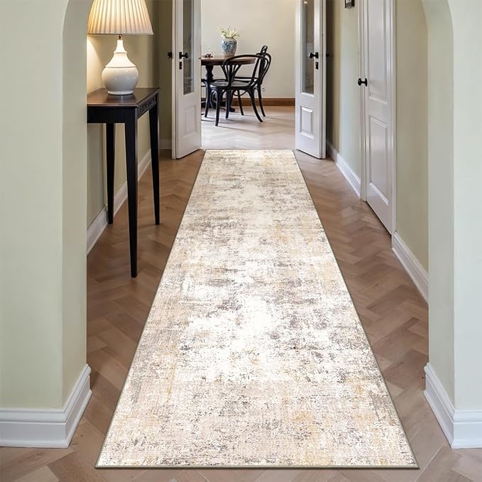 2x8 Washable Runner Rug Beige Grey Neutral Abstract Hallway Kitchen Living Room Bedroom Non Slip Throw Rug Soft Low Pile Indoor Carpet for Entrance Laundry Bathroom