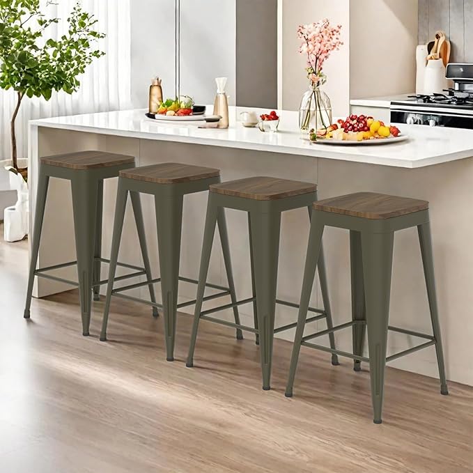 30 inch Backless Bar Stools Set of 4, Indoor Metal Bar Stools with Wood Seat, Industrial Counter Height Barstools for Kitchen Island, Rusty