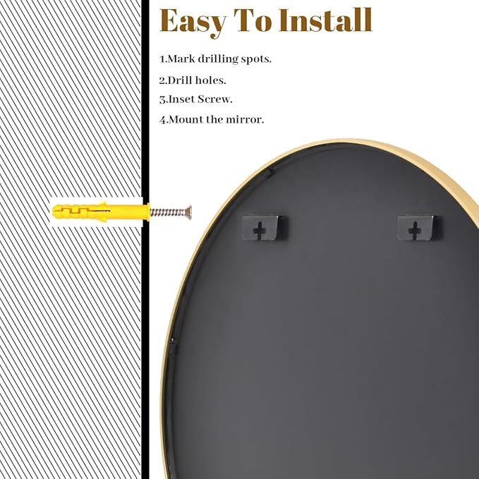 Gold Round Bathroom Mirror, 24 inch Circle Wall Mounted Hanging Mirror with Simple Modern Circular Metal Frame for Hallway, Entryway, Living Room, Gold Frame