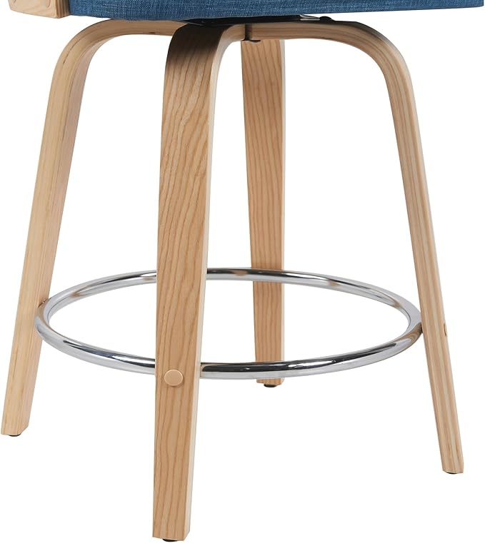 Sonia Modern Swivel Counter Height Bar Stool with Blue Upholstered Seat and Patterned Oak Wood Finish Set of 4