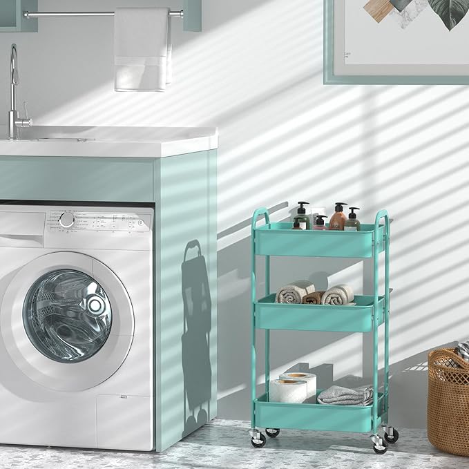 MAX Houser 3-Tier Rolling Utility Cart with Caster Wheels,Easy Assembly, for Kitchen, Bathroom (Turquoise)