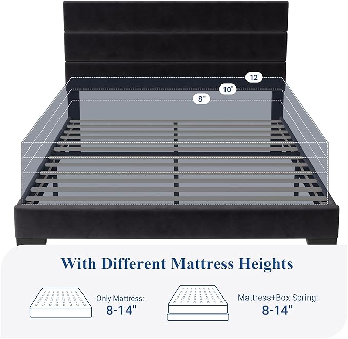 Allewie Full Size Platform Bed Frame with Velvet Upholstered Headboard and Wooden Slats Support, Fully Upholstered Mattress Foundation/No Box Spring Needed/Easy Assembly, Black