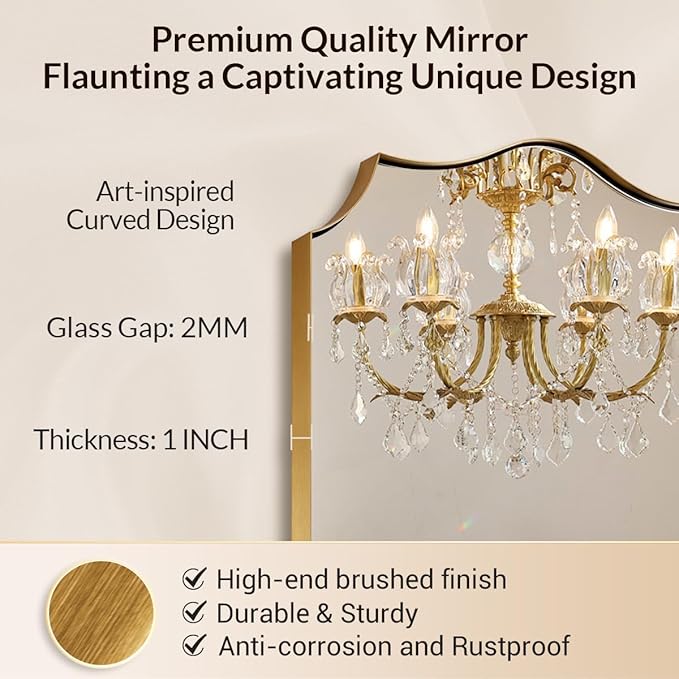28x36 Inch Gold Scalloped Mirror, Bathroom Vanity Mirror with Stainless Steel Metal Frame, Anti-Rust, Shatterproof HD Glass, Unique Irregular Mirror for Bathroom, Bedroom, Living Room