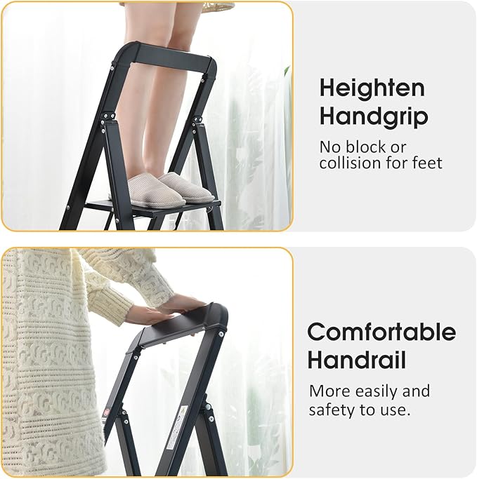 KINGRACK Aluminium 3 Step Ladder, Lightweight Step Stool with Non-Slip Pedals, Handrail, 330 LBS Foldable Step Ladder for Kitchen, Garage, Home, Space Saving, Sturdy and Portable, Black