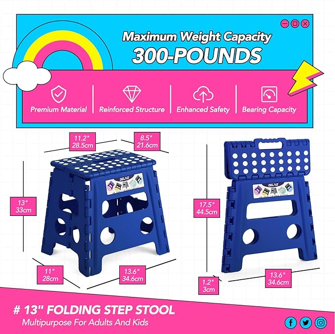 Delxo Folding Step Stool, 13 inch Non-Slip Foldable Stools Up to 300 LBS, Step Stool with Handle, Lightweight for Kitchen, Bathroom, Bedroom, Garden, Blue, 1PC